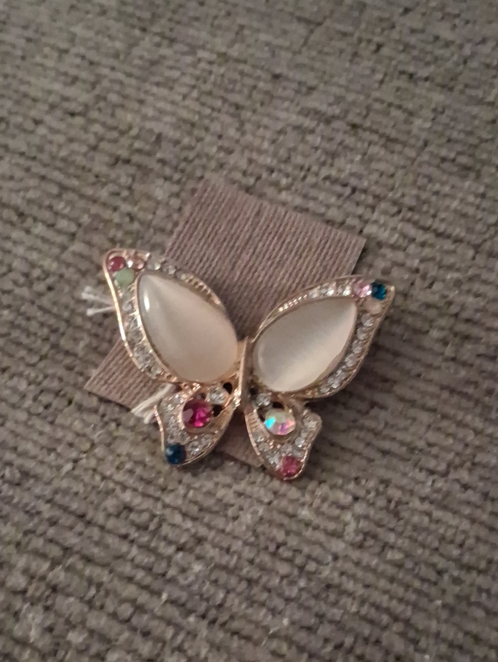 Gold Butterfly Brooch with White Cat Eye and Multicolor Crystals
